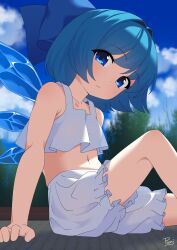 1girl armpit_crease bloomers blue_bow blue_eyes blue_hair blue_sky bow bra cirno cloud cloudy_sky commentary day english_commentary hair_bow highres ice ice_wings light_blush looking_at_viewer navel on_floor outdoors punidayo ribbon short_hair signature sitting sky sleeveless solo tank_top touhou tree underwear white_bloomers white_tank_top wings