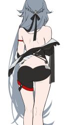 1girl armlet ass asymmetrical_clothes back black_ribbon braid commentary english_commentary from_behind grey_hair hair_ribbon half_up_braid herrscher_of_sentience highres honkai_(series) honkai_impact_3rd jewelry long_hair muunchilde ribbon simple_background solo very_long_hair white_background