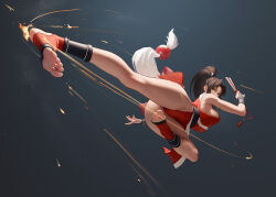 Rule 34 | 1girl, arm up, armpits, ass, black gloves, breasts, bridal gauntlets, brown hair, commentary request, curtained hair, curvy, eyelashes, fatal fury, fighting, full body, gloves, high ponytail, highres, incoming kick, kicking, kicking legs, large breasts, long hair, makeup, motoyui, parted bangs, pelvic curtain, ponytail, red eyes, revealing clothes, shiranui mai, simple background, solo, stirrup legwear, street fighter, street fighter 6, the king of fighters, thick thighs, thighs, toeless legwear, toned, toned female, wide hips