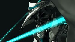 1boy artist_name black_background black_gloves blue_gloves commentary cypher_(valorant) english_commentary excharny finger_to_mouth gloves glowing hat highres holding jacket looking_at_viewer male_focus no_eyes shushing simple_background skull solo upper_body valorant weapon white_hat white_jacket