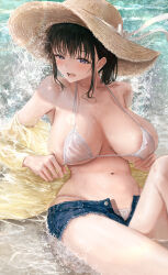 1girl absurdres areola_slip armpit_peek aruhi_(pyxk7325) beach bikini black_hair blue_shorts blush bow breasts collarbone commentary_request cowboy_shot cutoffs denim denim_shorts female_pubic_hair grey_eyes hat hat_bow hat_ribbon highres huge_breasts in_water long_sleeves looking_at_viewer medium_hair micro_bikini micro_shorts navel nipples ocean open_clothes open_fly open_mouth open_shirt open_shorts original pubic_hair pubic_hair_peek reclining ribbon sagging_breasts see-through_bikini see-through_clothes shirt shorts smile solo sparkle splashing stomach straw_hat string_bikini swimsuit torn_clothes torn_shorts unbuttoned unworn_shirt unzipped water water_drop wet wet_bikini wet_clothes wet_hair wet_shirt wet_shorts white_bikini white_bow white_ribbon yellow_shirt