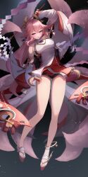 Rule 34 | 1girl, absurdres, animal ears, arm up, bare shoulders, blush, breasts, detached sleeves, earrings, floppy ears, fox ears, full body, genshin impact, gohei, hair between eyes, highres, holding, holding gohei, japanese clothes, jewelry, long hair, long sleeves, looking at viewer, low-tied long hair, medium breasts, nontraditional miko, parted lips, pink fur, pink hair, purple eyes, sazanka, smile, solo, tomoe (symbol), very long hair, wide sleeves, yae miko
