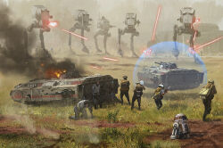 6+boys astromech_droid at-st battle black_gloves blue_jacket blue_pants commentary edouard_groult energy_barrier english_commentary fire galactic_empire_(star_wars) gloves grey_vest gun helmet holding holding_gun holding_weapon hover_vehicle jacket mecha military_vehicle motor_vehicle multiple_boys non-humanoid_robot pants rebel_alliance_(star_wars) robot running shadow smoke star_wars stormtrooper tank vest walker_(robot) war weapon