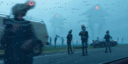 blurry cable car cloud cloudy_sky crowd head-mounted_display highres motor_vehicle official_art outdoors robot simon_stalenhag sky the_electric_state van wet_lens