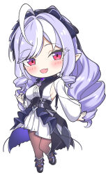 1girl ahoge black_bow black_bowtie black_nails black_pantyhose black_shoes blush bow bowtie breasts chibi chibi_only commentary_request dress drill_hair fingernails full_body gem highres long_hair long_sleeves looking_at_viewer nail_polish open_mouth pantyhose pointy_ears purple_gemstone purple_hair red_eyes shoes sideboob simple_background solo standing standing_on_one_leg very_long_hair vic_1223 vivian_banshee white_background zenless_zone_zero