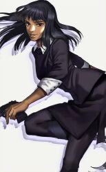 1girl black_eyes black_hair character_request copyright_request dark-skinned_female dark_skin drop_shadow formal_clothes gun holding holding_gun holding_weapon imam_(oozlo) korean_commentary leg_up lips looking_at_viewer pencil_skirt skirt sleeve_cuffs smile solo straight_hair tagme weapon