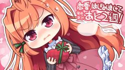 Rule 34 | 1girl, antenna hair, black shirt, black sleeves, blush, bow, bow skirt, box, chibi, chibi only, cowboy shot, dutch angle, embarrassed, frilled shirt, frilled skirt, frills, fuuga himeno, gift, green bow, green ribbon, hair ribbon, hands up, heart, heart-shaped box, heart background, high-waist skirt, highres, holding, holding gift, long hair, looking at viewer, nose blush, official art, open mouth, orange hair, outline, pink background, promotional art, red bow, red eyes, red skirt, ren&#039;ai hajimemashite, ribbon, shirt, simple background, single hair intake, skirt, sleeves past wrists, solo, sweatdrop, takahero, tress ribbon, two-tone shirt, v-shaped eyebrows, vertical-striped sleeves, very long hair, wavy hair, wavy mouth, white outline, white shirt