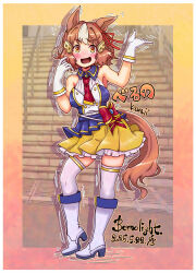 1girl absurdres alternate_costume animal_ears belno_light_(umamusume) blouse blue_shirt blush boots bow brown_eyes brown_hair carbohydrate_(asta4282) character_name collared_shirt commentary dancing dated ear_ribbon english_commentary frilled_skirt frills full_body gloves hair_ornament halterneck heel_up high_heel_boots high_heels highres horse_ears horse_girl horse_tail knee_boots letter_hair_ornament looking_at_viewer miniskirt mixed-language_commentary motion_lines multicolored_hair necktie open_mouth pleated_skirt red_bow red_necktie romaji_text shirt shirt_bow skirt sleeveless sleeveless_shirt smile solo standing tail thighhighs translated two-tone_hair umamusume umamusume:_cinderella_gray white_boots white_gloves white_thighhighs yellow_skirt