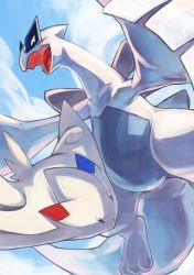 absurdres black_eyes cloud commentary_request creatures_(company) day flying from_below game_freak gara_(qbeuxvii22) gen_2_pokemon gen_4_pokemon highres legendary_pokemon lugia nintendo no_humans open_mouth outdoors pokemon pokemon_(creature) sky togekiss tongue