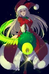 Rule 34 | 1girl, ammunition belt, breasts, echo (circa), fate/grand order, fate (series), florence nightingale (fate), florence nightingale (santa) (fate), front slit, fur-trimmed headwear, fur-trimmed sleeves, fur trim, green umbrella, hat, jacket, large breasts, long hair, long sleeves, looking at viewer, open mouth, red headwear, red jacket, santa costume, santa hat, syringe, umbrella, umbrella gun