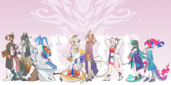 3boys 4girls :d a_deer_of_nine_colors absurdres antlers aqua_coat aqua_hair arknights arms_behind_head arms_up bandeau beads black_coat black_hair blonde_hair blue_hair braid brother_and_sister brothers brown_hair brown_robe character_request chinese_commentary chongyue_(arknights) closed_eyes closed_mouth coat colored_extremities commentary_request crop_top dragon_girl dragon_horns dragon_tail dress dusk_(arknights) earrings family gourd gradient_robe grey_hair grin hair_intakes highres holding holding_gourd holding_sword holding_weapon horns jacket jewelry ji_(arknights) ling_(arknights) long_hair long_sleeves medium_hair midriff multicolored_hair multiple_boys multiple_girls navel necktie nian_(arknights) nine-colored_deer off_shoulder open_clothes open_jacket open_mouth pink_background pointy_ears profile purple_robe red_bandeau red_hair red_necktie robe shennong_(arknights) shorts shu_(arknights) siblings silhouette sisters sleeveless sleeveless_dress smile standing strapless streaked_hair sword tail tube_top very_long_hair walking wang_(arknights) weapon white_coat white_dress white_hair white_jacket white_shorts white_tube_top yu_(arknights) zhibi_bu
