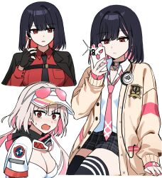Rule 34 | 1girl, bikini, black choker, black coat, black gloves, black hair, black necktie, black skirt, black survival, black thighhighs, blush, breasts, choker, cleavage, coat, coat on shoulders, commentary, eternal return: black survival, eyewear on headwear, fingerless gloves, fingernails, gloves, headphones, headphones around neck, highres, holding, holding phone, jacket, large breasts, lix (iroiro3843), long sleeves, looking at viewer, loose necktie, marlene (after school) (black survival), marlene (black survival), marlene (cotton candy) (black survival), mask, mask around neck, multiple views, nail polish, necktie, o-ring, o-ring choker, official alternate costume, open clothes, open jacket, open mouth, phone, pink nails, pink necktie, plaid clothes, plaid skirt, pleated skirt, red eyes, red hair, red shirt, shirt, short hair, simple background, skirt, swimsuit, thighhighs, thighs, visor cap, white background, white bikini, white hair, white shirt, yellow jacket