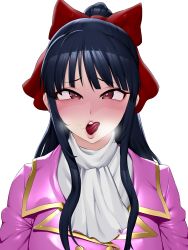 1girl absurdres after_fellatio alternate_breast_size blue_hair blush bodysuit breasts brown_eyes hair_ribbon heart heart-shaped_pupils highres large_breasts licking_lips lipstick long_hair looking_at_viewer makeup naughty_face oral pink_lips ponytail pov ribbon sakura_taisen sega shinguuji_sakura solo stray_pubic_hair symbol-shaped_pupils tongue tongue_out yesman_(cvbnyesman)