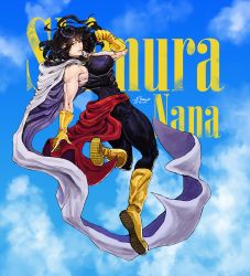 1girl black_bodysuit blue_sky bodysuit boku_no_hero_academia boots breasts cape character_name clenched_hand covered_abs flying full_body gloves highres knee_boots medium_breasts medium_hair mole mole_under_mouth muscular muscular_female obliques red_skirt sheep_shin shimura_nana showgirl_skirt skin_tight skirt sky sleeveless sleeveless_bodysuit solo superhero_costume twisted_torso white_cape yellow_boots yellow_gloves