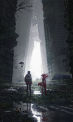 1girl abandoned absurdres asteroid_ill backpack bag black_pants blue_headwear building city crab crosswalk floating fog from_behind gen_2_pokemon gen_8_pokemon grass grey_sky hat highres insect_wings jacket looking_ahead looking_at_another medium_hair moss nintendo orange_jacket orbeetle outdoors overgrown pants pincers plant pokemon pokemon_(creature) ponytail post-apocalypse rain reflection rock rubble ruins scenery scizor shadow ship shoes silhouette sky sunlight tree vines watercraft wide_shot wings wreckage