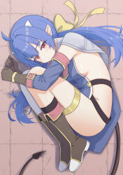 1girl absurdres blue_dress blue_eyes blue_gloves boots breasts brown_boots brown_gloves capelet demon_tail dress elbow_gloves epic_seven fetal_position fold-over_boots gloves highres horns kneehighs konjou long_hair looking_at_viewer low_twintails lying medium_breasts on_side ravi_(epic_seven) red_eyes sideboob sideless_outfit socks solo strap tail thighhighs twintails white_capelet white_socks