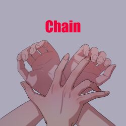 2girls alien_stage chinese_commentary commentary crossed_wrists english_text grey_background hand_focus hand_on_another&#039;s_wrist highres implied_sex mizi_(alien_stage) multiple_girls simple_background sua_(alien_stage) tuxiaoning_not
