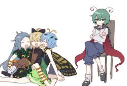 4girls :o antennae black_bow black_shoes blue_hair blue_shorts bow brown_dress butterfly_wings cape chair closed_mouth commentary_request dress eternity_larva full_body green_dress green_eyes green_hair grey_hair hair_bow highres himemushi_momoyo insect_wings juliet_sleeves kurodani_yamame leaf leaf_on_head long_hair long_sleeves multiple_girls open_mouth orange_bow puffy_sleeves shoes short_hair shorts sitting socks touhou white_socks wings wriggle_nightbug wusem0108