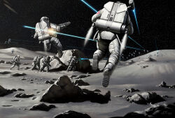 armor battle darren_tan energy_gun firing full_armor jetpack laser_rifle moon original people rock shadow soldier space space_marine sunlight weapon