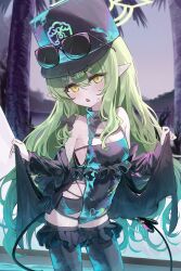 1girl absurdres alternate_costume bare_shoulders black_hat black_jacket black_leotard black_thighhighs blue_archive blush breasts commentary covered_navel demon_girl demon_tail frilled_thighhighs frills green_hair hair_between_eyes hat highres hikari_(blue_archive) jacket kabedoru leotard long_hair looking_at_viewer peaked_cap pointy_ears sideboob sidelocks small_breasts solo tail thighhighs yellow_eyes