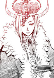 1boy arima_natsubon beelzebub_(ragnarok_online) cape closed_mouth commentary_request crown fur_cape greyscale horns long_hair looking_at_viewer male_focus monochrome ragnarok_online simple_background sketch smile solo striped_horns upper_body