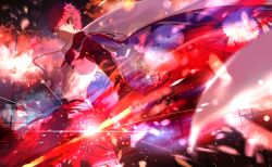 Rule 34 | 1boy, cape, emiya shirou, fate/grand order, fate (series), fire, flaming sword, flaming weapon, glowing, highres, holding, holding sword, holding unworn cape, holding unworn clothes, holding weapon, japanese clothes, looking down, mashima saki (mashimasa), orange hair, pectorals, red hair, senji muramasa (fate), short hair, single bare shoulder, solo, spiked hair, sword, takeuchi takashi (style), toned, toned male, topless male, unworn cape, weapon, white cape