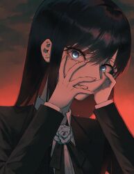 Rule 34 | 1girl, absurdres, ado (utaite), black bow, black hair, black jacket, blue eyes, blue flower, blue rose, bow, chando (ado), cloud, cloudy sky, collared shirt, commentary, dress, flower, hair between eyes, hand on own face, hands up, highres, jacket, long hair, long sleeves, looking at viewer, mole, mole under eye, rose, shirt, sky, solo, tyrezal, utaite, variant set, white shirt
