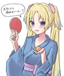 Rule 34 | 1girl, ball, blonde hair, blue eyes, blue hair, blue kimono, blush, breasts, collarbone, fang, flower, gradient hair, hair flower, hair ornament, highres, hisho (rythm hisho), holding, holding ball, holding table tennis paddle, japanese clothes, kimono, light blue hair, link! like! love live!, long hair, looking at viewer, love live!, multicolored hair, official alternate costume, open mouth, osawa rurino, paddle, parted bangs, pink flower, simple background, small breasts, solo, speech bubble, sweatdrop, table tennis ball, table tennis paddle, translation request, twintails, upper body, very long hair, virtual youtuber, white background, yukata