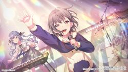 2girls arm_up bang_dream! bang_dream!_it&#039;s_mygo!!!!! black_ribbon blue_hair blue_hoodie blush braid brown_eyes closed_mouth commentary_request crying crying_with_eyes_open drum drum_set grey_hair grey_skirt hair_ribbon highres hood hood_down hoodie instrument keyboard_(instrument) long_hair long_sleeves multiple_girls neck_ribbon official_art open_mouth ribbon shirt short_hair sidelocks skirt takamatsu_tomori tears teeth togawa_sakiko upper_teeth_only white_shirt yellow_eyes