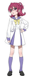 1girl :o aida_mana bow bowtie dokidoki!_precure dress flipped_hair full_body hand_on_own_hip highres hiji_rida kneehighs loafers long_sleeves looking_up pink_eyes pink_hair pleated_dress ponytail precure purple_sailor_collar purple_socks sailor_collar school_uniform serafuku shoes short_hair short_ponytail simple_background socks solo standing white_background white_dress yellow_bow yellow_bowtie