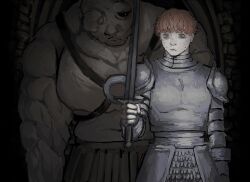 1boy 1girl armor behind_another brown_gloves brown_skirt closed_mouth commentary d&#039;arce_(fear_&amp;_hunger) dark dungeon fear_&amp;_hunger fear_&amp;_hunger_(series) fear_&amp;_hunger_1 fingerless_gloves gloves grey_eyes highres holding holding_sword holding_weapon knight monster muscular muscular_male o-ring o-ring_top ogre orange_hair peril plate_armor prison_guard_(fear_&amp;_hunger) short_hair skirt sopaipillaa350 sweat sword weapon