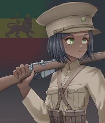 1girl absurdres ammunition_pouch artist_name belt black_hair bolt_action brown_belt brown_hat brown_jacket closed_mouth commentary dark-skinned_female dark_skin ethiopia ethiopian_flag flag_background frown green_eyes gun hat highres holding holding_gun holding_weapon jacket lee-enfield leochan1202 long_sleeves looking_to_the_side military military_uniform original peaked_cap pouch rifle second_italo-ethiopian_war soldier solo upper_body very_dark_skin weapon