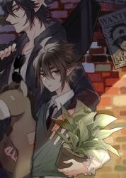 2boys absurdres aged_down ahoge alternate_costume anmicius aotu_world black_hair brick_wall brown_hair cactus collared_shirt ez_1011 fingerless_gloves flower_pot gloves green_eyes guitar_case hair_between_eyes highres holding holding_flower_pot holding_toy hood instrument_case jacket long_sleeves looking_at_viewer male_focus multiple_boys necktie over_shoulder parted_lips plant pointy_ears potted_plant purple_eyes ray_(aotu_world) shirt short_hair smile striped_necktie stuffed_animal stuffed_toy sunglasses sweater_vest teddy_bear toy unworn_eyewear vest white_shirt yaoi