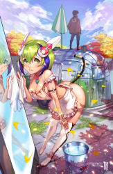 10s 1boy 1girl android apron artist_name ass beard bent_over blue_hair blush boots breasts brown_eyes brown_hair bucket bucket_of_water cable cable_tail cleavage closed_umbrella day dimension_w cleaning_rag facial_hair falling_leaves green_eyes green_hair headgear highres large_breasts leaf looking_at_viewer mabuchi_kyoma mechanical_tail mirror multicolored_hair naked_apron outdoors parted_lips power_symbol reflection short_hair sideboob standing streaked_hair tail thigh_boots thighhighs tree two-tone_hair umbrella water white_footwear white_thighhighs wookyung yurizaki_mira