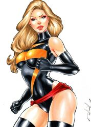 1girl aqua_eyes artist_request bare_shoulders black_gloves black_thighhighs blonde_hair breasts breasts_apart carol_danvers cowboy_shot curvy elbow_gloves female_focus gloves groin halterneck highleg highleg_leotard highres hip_bones hip_focus impossible_clothes large_breasts leotard lightning_bolt_symbol lips long_hair looking_at_viewer marvel ms._marvel ms._marvel_(series) shiny_skin solo standing superhero_costume thigh_gap thighhighs thong_leotard traditional_media turtleneck white_background wide_hips