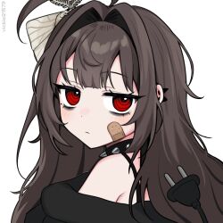 1girl ahoge animal animal_on_head artist_name bags_under_eyes bandaid bandaid_on_cheek bandaid_on_face bare_shoulders brown_hair bug cable cable_tail choker closed_mouth electric_plug electric_plug_tail hair_intakes highres insect long_hair looking_at_viewer looking_back mechanical_tail mole mole_under_eye moth off_shoulder on_head original portrait red_eyes simple_background solo spaghetti_strap spiked_choker spikes tail vickie_(cryingrobot) vickie_(cryingrobot)_(character) white_background