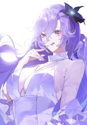 1girl :q blue_flower breasts cantarella_(wuthering_waves) commentary dress facial_mark fingernails flower fsuusux hair_flower hair_ornament hair_spread_out hand_up hashtag-only_commentary highres large_breasts long_hair looking_at_viewer mark_under_eye mole mole_under_eye nail_polish official_alternate_costume purple_eyes purple_hair purple_nails simple_background solo tongue tongue_out upper_body very_long_hair white_background white_dress wuthering_waves