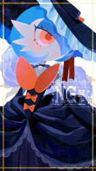 alternate_color black_dress black_gloves black_hat blue_hair bob_cut bow colored_skin dress elbow_gloves gardevoir gardevoir_day gen_3_pokemon gloves hair_over_one_eye hana_e_(ka_e0128) hat highres mega_gardevoir mega_pokemon mega_stone nintendo orange_bow orange_eyes pokemon pokemon_(creature) shiny_pokemon watermark white_skin