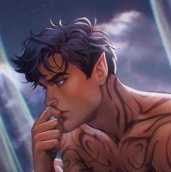 1boy a_court_of_thorns_and_roses_(series) black_hair chest_tattoo commentary cropped english_commentary hand_on_own_face ignartcio male_focus pointy_ears portrait purple_eyes rhysand_(acotar) shoulder_tattoo sky solo_focus tattoo topless_male upper_body