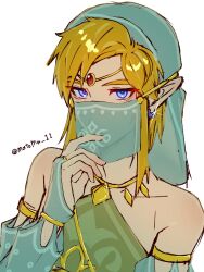 1boy blonde_hair blue_eyes bridal_gauntlets circlet commentary_request detached_sleeves earrings gerudo_set_(zelda) glint highres jewelry link male_focus matoma_11 mouth_veil nintendo pointy_ears solo the_legend_of_zelda the_legend_of_zelda:_breath_of_the_wild twitter_username veil
