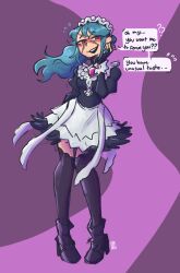 1girl ? ?? alternate_costume apron aqua_hair artist_logo black_boots black_thighhighs blush boots cross_scar english_text enmaided fire_emblem fire_emblem_fates flying_sweatdrops gem hand_on_own_face highres jebbeesketches logo long_hair maid maid_apron maid_headdress nintendo nohrian_maid_uniform purple_eyes purple_gemstone reina_(fire_emblem) scar scar_on_face skirt smile solo speech_bubble teeth thighhighs two-tone_background upper_teeth_only