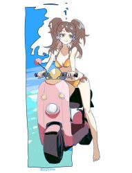 1girl :3 barefoot bikini breasts brown_eyes brown_hair closed_mouth full_body highres kujikawa_rise long_hair looking_to_the_side meameeea motor_vehicle on_scooter orange_bikini persona persona_4 scooter solo swimsuit twintails twitter_username