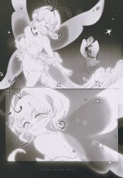 1boy 1girl angel_wings antenna_hair armored_boots blonde_hair boots butterfly_wings cookie_run cookie_run:_kingdom cupid curly_eyebrows floating_hair highres humanization insect_wings kairo_bun layered_clothes long_eyelashes long_hair looking_at_viewer monochrome pavlova_cookie sugarfly_cookie very_long_hair wings
