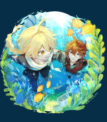 Rule 34 | 2boys, aether (genshin impact), ahoge, arm armor, arm up, armor, artist name, black footwear, black pants, black shirt, blonde hair, boots, braid, brown footwear, brown gloves, bubble, commentary request, crossed bangs, crystal, crystal earrings, earrings, fish, genshin impact, gloves, grey eyes, grey jacket, grey pants, hair between eyes, hair ribbon, highres, jacket, jewelry, long hair, long sleeves, looking at another, looking back, male focus, mask, mask on head, multiple boys, ocean, open mouth, orange eyes, orange hair, pants, red mask, red scarf, ribbon, sakusakuagetate, scarf, seaweed, shirt, short hair, short sleeves, shoulder armor, single earring, smile, sunlight, swimming, tartaglia (genshin impact), underwater, white ribbon, white scarf