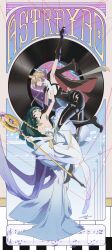 2girls absurdres astra_yao bare_shoulders black_coat black_hair black_pants breasts cleavage coat coat_on_shoulders dress elbow_gloves evelyn_chevalier gloves hairband hand_in_another&#039;s_hair high-waist_pants highres holding holding_microphone_stand large_breasts latex_pants looking_at_another microphone_stand multiple_girls musical_note necktie official_alternate_costume pants pantyhose purple_hair shirt single_elbow_glove smile strapless strapless_dress string tight_clothes uneven_bangs white_dress white_gloves white_hairband white_pantyhose white_shirt xu_li_loxy yellow_necktie yuri zenless_zone_zero