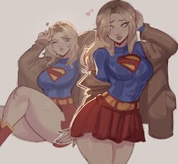 1girl absurdres animification blonde_hair blue_eyes boots breasts brown_jacket dc_comics highres jacket leotard long_hair long_sleeves looking_at_viewer medium_breasts miniskirt multiple_views one_eye_closed red_boots skirt sleeved_leotard smile supergirl superhero_costume superman_(2025) superman_(series) superman_logo widisu