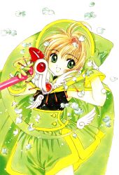 1990s_(style) 1girl :d adjusting_clothes adjusting_headwear antenna_hair black_shirt brooch cape cardcaptor_sakura clamp_(circle) cowboy_shot dot_nose fuuin_no_tsue gloves green_cape green_eyes green_gloves green_hat green_shorts hair_intakes hat highres holding holding_wand jester_cap jewelry kinomoto_sakura looking_at_viewer magical_girl official_alternate_costume official_art open_mouth orange_hair petals retro_artstyle shirt short_hair shorts smile solo standing wand white_background