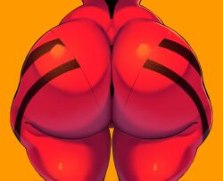 Rule 34 | 1girl, adapted costume, ass, ass focus, back, bodysuit, butt crack, cameltoe, curvy, highres, huge ass, legs together, long hair, lower body, mecha pilot suit, narrow waist, neon genesis evangelion, orange background, pentakky-sugoi, plugsuit (evangelion), plump, red bodysuit, shiny clothes, simple background, skin tight, skindentation, solo, souryuu asuka langley, standing, thick thighs, thighs, two side up, wide hips