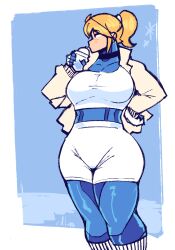 1girl black_eyes blonde_hair blue_background blue_bodysuit blush bodysuit bodysuit_under_clothes boots breasts cdlum choker coffee cup drink drinking earrings eyewear_on_head gloves hand_on_own_hip highres holding holding_cup jacket jewelry large_breasts long_hair long_sleeves looking_to_the_side metroid nintendo open_clothes open_jacket samus_aran shirt shorts snowflakes standing sunglasses sunglasses_on_head thick_thighs thighs white_footwear white_gloves white_jacket white_shirt white_shorts wide_hips winter zero_suit