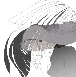 Rule 34 | 1other, blue eyes, floating hair, from side, gem uniform (houseki no kuni), greyscale, highres, houseki no kuni, lapis lazuli (houseki no kuni), light smile, long hair, looking at viewer, monochrome, mt5 014, other focus, parted lips, profile, puffy short sleeves, puffy sleeves, shadow, short sleeves, sideways glance, simple background, solo, spot color, straight hair, upper body, very long hair, white background